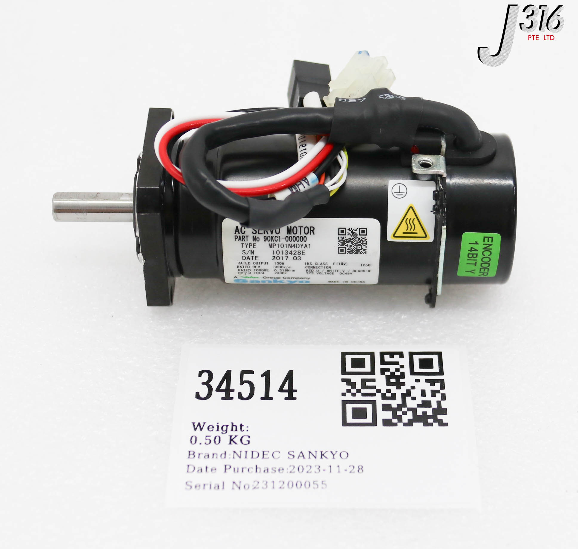 ユウ 34514 NIDEC SANKYO AC SERVO MOTOR, 3000RPM, P/N: 90KC1-000000
